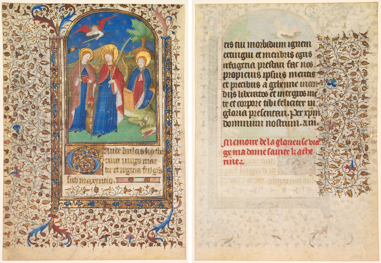 Folha de um livro de horas: Sts. Geneviève, Catherine de Alexandria e Margaret (reto) e Texto (verso) de workshop of Boucicaut Master