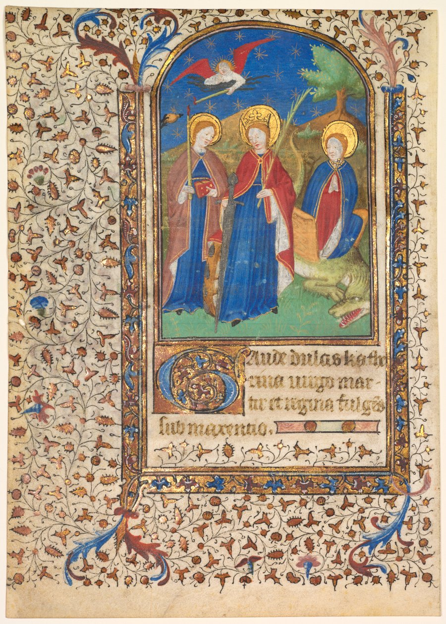 Folha de um livro de horas: Sts. Geneviève, Catarina de Alexandria e Margaret (reto) de workshop of Boucicaut Master