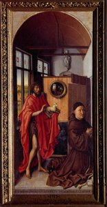 São João Batista e o irmão franciscano Henri de Werl Pintura em madeira de Robert Campin, chamado Mestre de Flemalle (1375-1444) 1438 Sol. 1,01x0,47 m Madrid, Museu do Prado