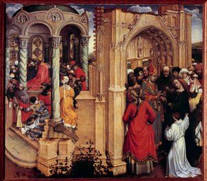 O Casamento da Virgem da Madeira Pintura por Robert Campin chamado Mestre de Flemalle (1375-1444) Sol do século XV. 0,77x0,88 m Madrid, Museu do Prado - O Casamento da Virgem. Pintura em madeira de Robert Campin conhecido como o Mestre de Flemalle (1375-14
