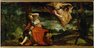 Hagar e Ismael no deserto de Bersheeba, Israel ... (óleo sobre tela)