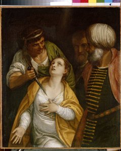 O Mártir de Santa Justina. Justina de Pádua (nascida no 3º centúrio-304), mártir da Roma Antiga, foi atingida por uma espada. Pintura por Paolo Veronese (1528-1588), óleo sobre tela. Arte italiana (Veneza)