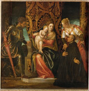 Santa Maria e Jesus entre São Jorge e Santa Justina com um monge beneditino ajoelhado ...