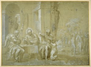 A Ceia em Emaús, c.1550 (caneta, tinta preta e aguada marrom no papel) de Veronese