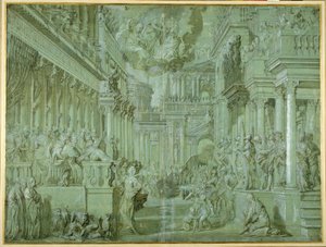 Alegoria para celebrar a publicação da Liga Sagrada em 1571 (caneta e lavagem castanha com altura) de Veronese