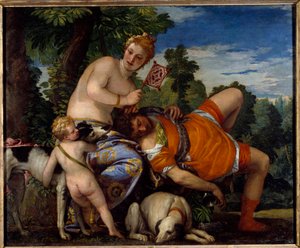 Afrodite e Adonis. Adónis, figura da mitologia grega, ama Afrodite. Pintura de Paolo Veronese (1528-1588)