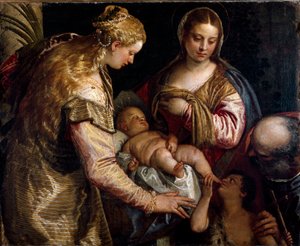 A Sagrada Família com São Barbe e São João Batista. Pintura de Paolo Caliari chamada Paolo Veronese (1528-1588), cerca de 1562. Óleo sobre tela. Dim: 86x122cm. Firenze, Galleria degli Uffizi (Florença, Museu Uffizi). de Veronese