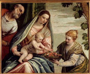 A Sagrada Família com um Doador (Saint Dorothee) Pintura de Paolo Veronese (1528-1588) Sol do século XVI. 0,76x0,94 m Bordeaux, Musee des Beaux Arts - A Sagrada Família com um doador (Saint-Dorothea). Pintura de Veronese (Paolo Caliari) (1528-1588) de Veronese