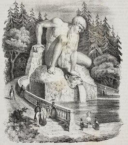 Colossus of Apennines (de Giambologna) no parque de Villa Demidoff (Villa Medicea de Pratolino), Vaglia, Toscana, Itália, litografia de Giovanni Mariani de Poliorama Pittoresco, n 10, 15 de outubro
