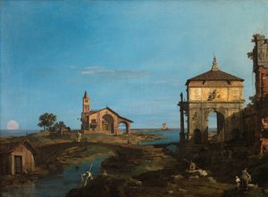 Uma ilha na lagoa com um portal e uma igreja