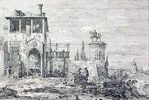 Paisagem com Monumento Equestre (gravura) de Canaletto
