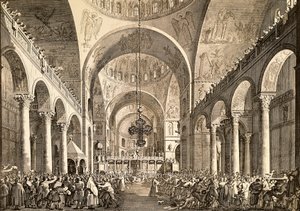 Festival veneziano, o recém-eleito Doge de Veneza a ser apresentado ao povo na Basílica de San Marco, por Giovanni Antonio Canal, conhecido como Canaletto (1697-1768) e Giovanni Battista Brustolon (1712-1796), gravura. Itália