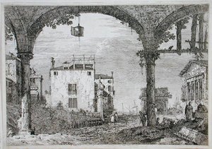 Vista através de uma arcada em direcção a edifícios costeiros (gravura) de Canaletto