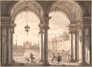 "Vista através de uma Colunata Barroca em um Jardim" Desenho da caneta de Antonio Canaletto (1697-1768) 1760-1768 Dim 33,1x45,4 cm Albertina, Viena de Canaletto