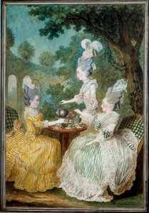 Senhoras de Montesson, Crest e Damascus tomando a Aquarela de Louis carrogis dit Carmontelle (1717-1806) 1773. Paris, Musee Carnavalet de Carmontelle
