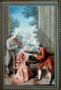 Mademoiselle Delou, Monsieur Philippe e Monsieur de Texier Um cavalheiro presta homenagem a um jovem pianista. Aguarela de Louis Carrogis, dit Carmontelle (1717-1806) Paris do século XVIII, Musee Carnavalet - Mademoiselle Delou, Monsieur Philippe e Monsieu de Carmontelle