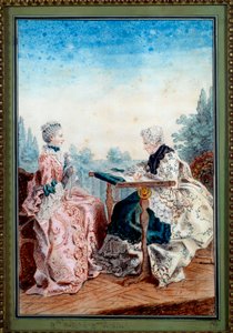 Mademoiselle Melin e Mademoiselle de Laleu fazendo tapeçaria de aquarela por Louis cengis dit Carmontelle (1717-1806) 1759. Paris, Musee Carnavalet de Carmontelle