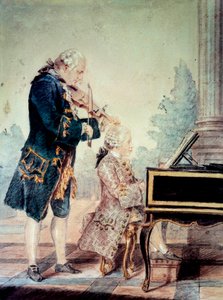 Wolfgang Amadeus Mozart (1756-1791) criança tocando piano com seu pai Leopold" Watercolour by Louis Carrogis Carmontelle (1717-1806) 1777 Paris, Musee Carnavalet