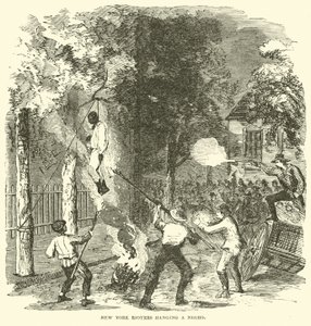 Motivadores de Nova Iorque pendurando uma pessoa negra, Julho de 1863 (gravura)