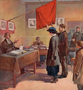 Casamento civil realizado por um comissário provincial na Rússia Soviética, sob a égide da Bandeira Vermelha (cor litho)