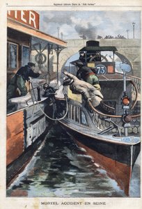 Acidente fatal no Sena: um empregado da empresa des Bateaux Parisiens morre entre dois barcos perto da ponte de Charenton. Gravura no "Le Petit Parisien" em 17/02/1901.