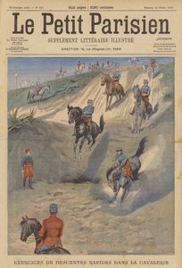 Cavalaria francesa praticando descida rápida e íngreme a cavalo (cor litho) de (after) Carrey