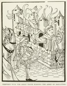 Geoffrey com o grande dente queimando a Abadia de Maillieres (gravura) de (after) English School