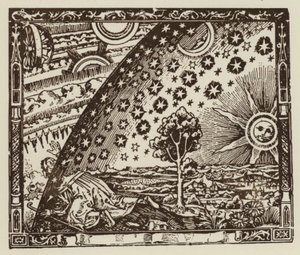 O homem viaja até aos confins da Terra, representação do universo na Idade Média (litho)