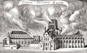 A velha catedral de St. Paul, Londres, Inglaterra, destruída pelo fogo em 1666, de "A First Book of British History", publicado em 1925 (litho) de (after) English School