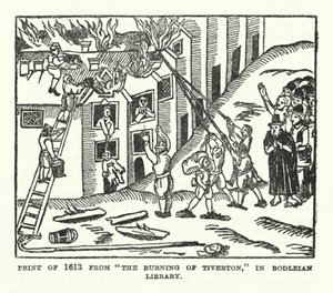 Impressão de 1613 de "The Burning of Tiverton" na Biblioteca Bodleian (litografia) de (after) English School