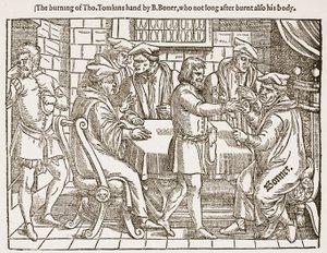 A queima de Tho. A mão de Tomkins por B. Boner, que não muito depois de queimar também o seu corpo, ilustração de 