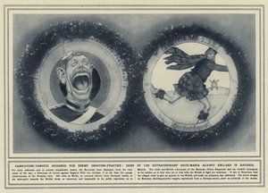 Caricatura - objectivos concebidos para a prática de tiro ao alvo inimiga, sinais da extraordinária mania de ódio contra a Inglaterra na Baviera (foto a p/b) de (after) English photographer
