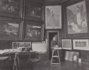 O pintor francês Pierre Puvis de Chavannes em seu estúdio (foto a p/b) de (after) French Photographer