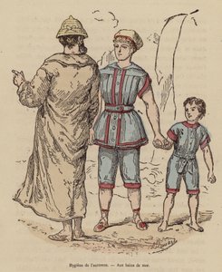 Família à beira-mar no outono (gravura a cores) de (after) French School