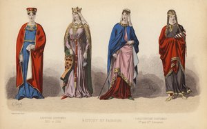 A moda em França: Trajes Capetianos 1100 a 1364; Trajes Carlovingianos Séculos IX e X (gravura colorida) de (after) French School