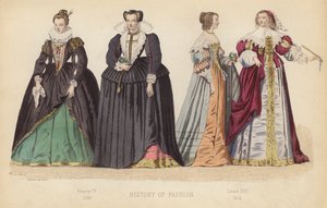 A moda em França: Henrique IV 1590; Luís XIII 1614 (gravura a cores) de (after) French School