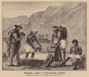 Garimpeiros de ouro, Nova Granada, Colômbia (litografia) de (after) French School