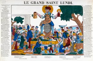 Le Grand Saint Lundi, Segunda-feira Santa, desenho animado sobre trabalhadores e comerciantes que dedicam segundas-feiras ao álcool em vez do seu trabalho, meados do século XIX (cor litho)