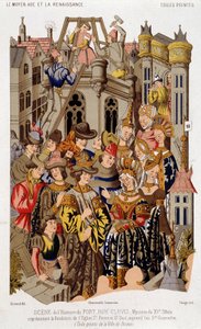 Cena da história de Fort Roy de Clovis. Mistério do século XV representando a fundação da Igreja de São Pedro e São Paulo, hoje Santa Geneviève. (da) Tela pintada da cidade de Reims.