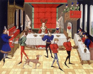 Serviço de mesa num chatelaine - fac-símile de uma miniatura do romano de Renaud de Montauban de (after) French School
