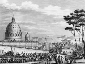Revolução Francesa: Entrada triunfal dos franceses em Roma, na Itália, em fevereiro de 1798, liderada pelo general Louis Alexandre (Louis-Alexandre) Berthier, que invadiu os estados pontifícios e tomou a cidade de Roma em 11 de fevereiro.