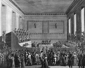 Guerra da Revolução Francesa e movimentos anti-revolucionários: Antoine Quentin Fouquier de Tinville, dit Fouquier Tinville (1746-1795), juiz do Tribunal Revolucionário no 12º ano floreal 3 (1 de Maio de 1795) da República. Gravura de Berthaut depois de Gi