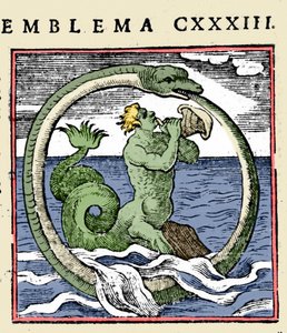 Um tritão e um ouroboros, ilustração "Emblemata" (Emblematum libellus) de Andrea Alciati (cor litho)
