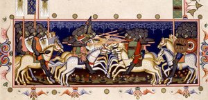 Cena de batalha (Cruzadas Imaginadas) - em "Estatutos da Ordem do Espírito Santo de Nápoles" (Ordem do Espírito Santo) baseado em miniatura de 1352 de (after) Italian School