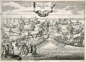 Galeões e Galeasses lutando: captura do Capitão da Ilha de Quios, ilustração de 