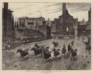 Corrida de cavalos em Roma durante o Carnaval (gravura) de (after) Italian School