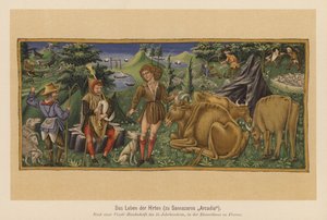 Cena do poema Arcádia de Jacopo Sannazaro (litografia a cores)