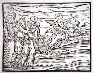 Bruxa atrona de um bode diabólico, cópia de uma ilustração do "Compendium Maleticarum" do Sr. F Guaccius, Milão 1608, usada numa "História da Magia", publicada no final do século XIX (xilogravura)