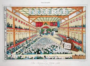 Interior de um teatro no Jedo, gravado por Jaime (cor litho)