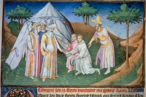 Os irmãos Nicolo e Matteo Polo, pai e tio do jovem Marco Polo (1254-1324) foram recebidos na corte do Grande Qubilai (Kubilai Khan, primeiro imperador da dinastia Yuan mongol (1215-1294), imperador mongol em 1271". Miniatura tirada de "